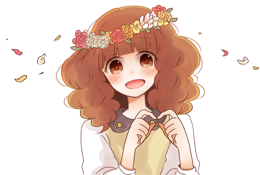 1girl, bemani, brown_eyes, brown_hair, curly_hair, flower, head_wreath, heart