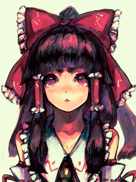 1girl, ao_no_exorcist, bad_id, bad_pixiv_id, cosplay, eyebrows, female_focus, hair_ribbon, hair_tubes, hakurei_reimu, hakurei_reimu_(cosplay), im_(inuboe), japanese_clothes, kamiki_izumo, miko, ribbon, solo, touhou