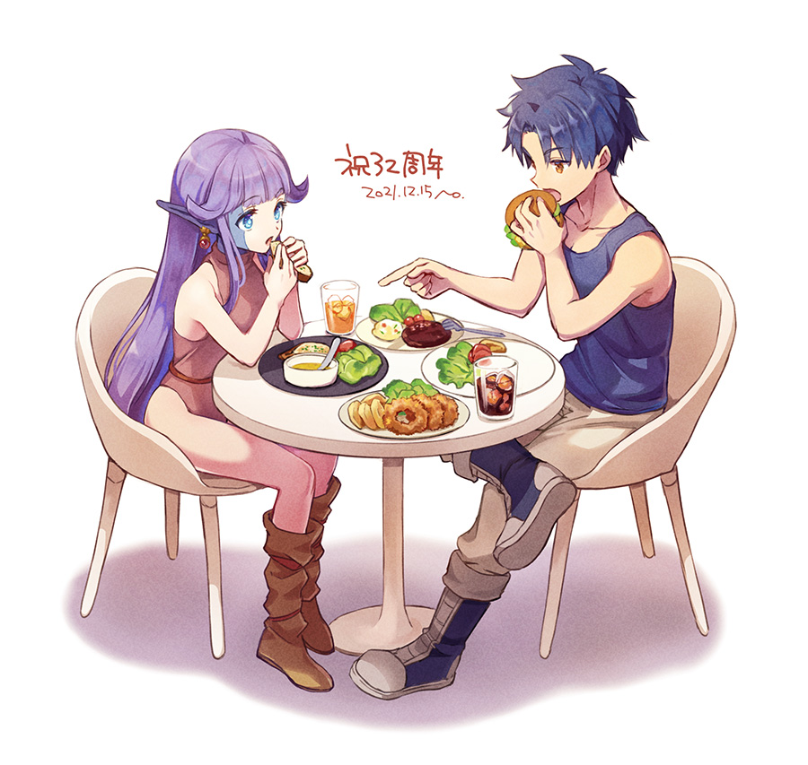 1boy, 1girl, breasts, burger, chair, earrings, esper_(saga), facial_mark, food, full_body, human_(saga), jewelry, leotard, long_hair, no_s, open_mouth, pointy_ears, purple_hair, saga, saga_1, simple_background, sitting, small_breasts, white_background