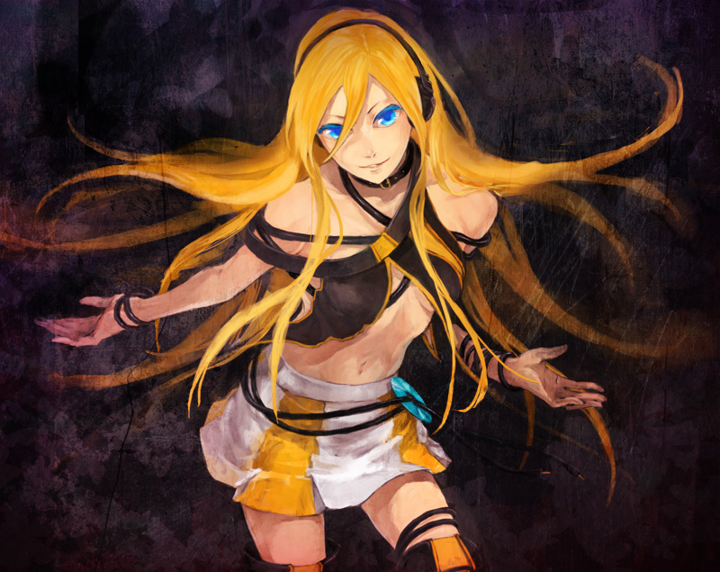 1girl, bad_id, bad_pixiv_id, blue_eyes, cable, female_focus, headphones, lily_(vocaloid), long_hair, midriff, orange_hair, solo, thighhighs, vocaloid, yamakawa_(sato), yamakawa_umi