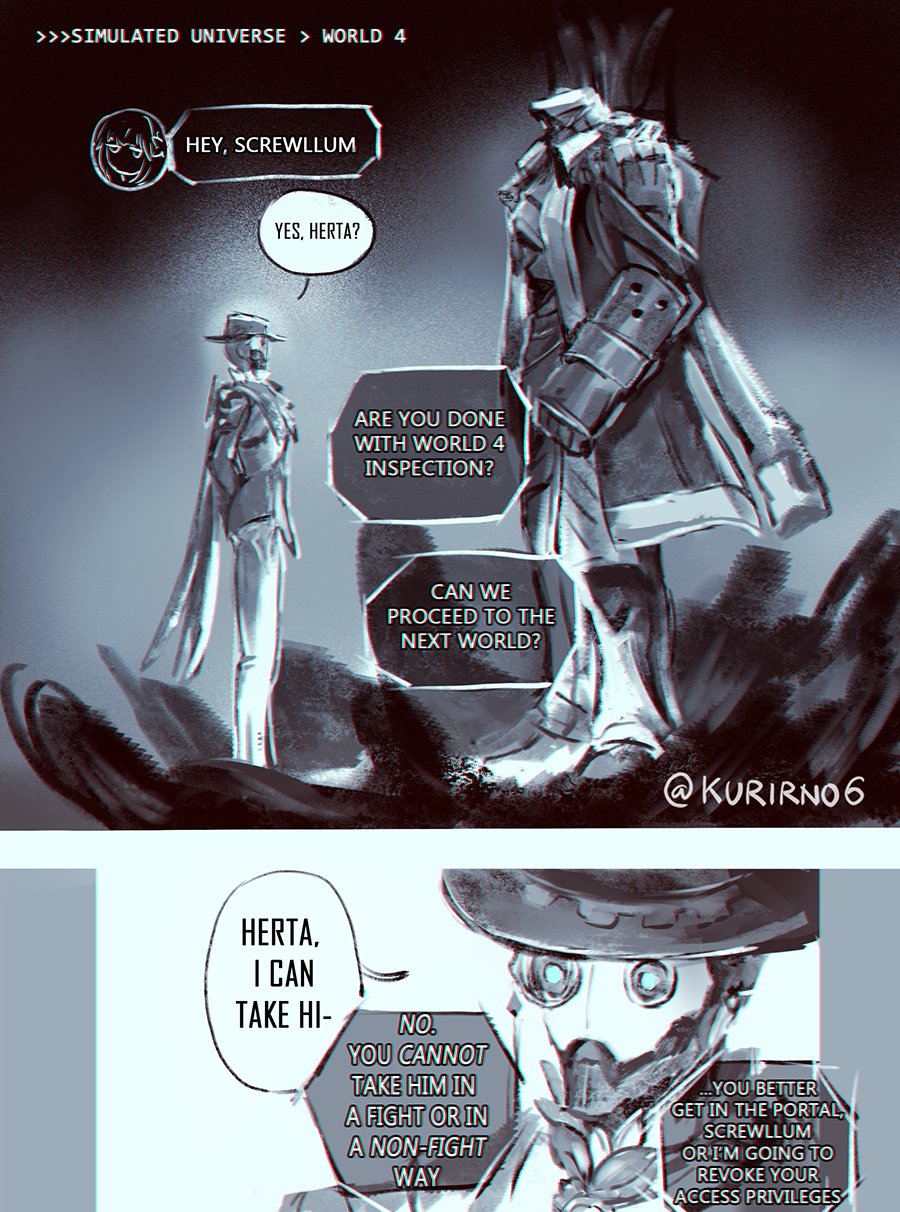 1girl, 2boys, 2koma, arms_behind_back, braid, coat, comic, commentary, english_commentary, english_text, gameplay_mechanics, greyscale, hat, height_difference, herta_(honkai:_star_rail), highres, honkai:_star_rail, honkai_(series), implied_yaoi, kurirno6, looking_at_another, mechanical_arms, mechanical_legs, monochrome, monocle, multiple_boys, pants, robot, screwllum_(honkai:_star_rail), speech_bubble, spot_color, standing, svarog_(honkai:_star_rail), twin_braids