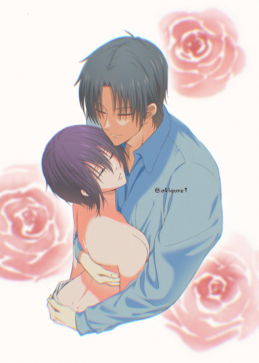 absurdres, akigure1, clothed_male_nude_female, flat_chest, flower, fruits_basket, hand_on_another's_ass, highres