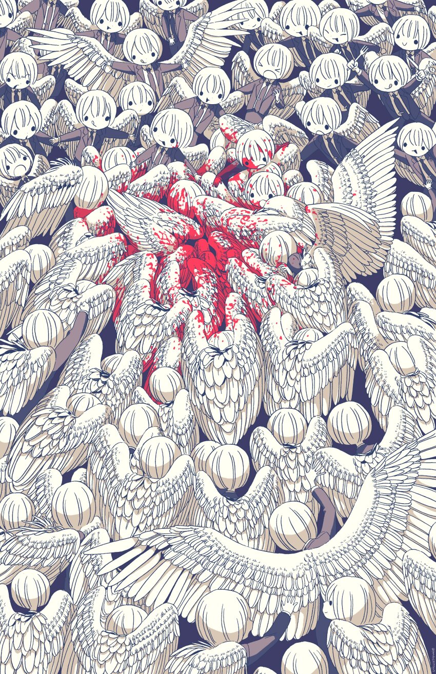 >_<, 6+others, absurdres, androgynous, arm_up, arms_up, blood, blood_in_hair