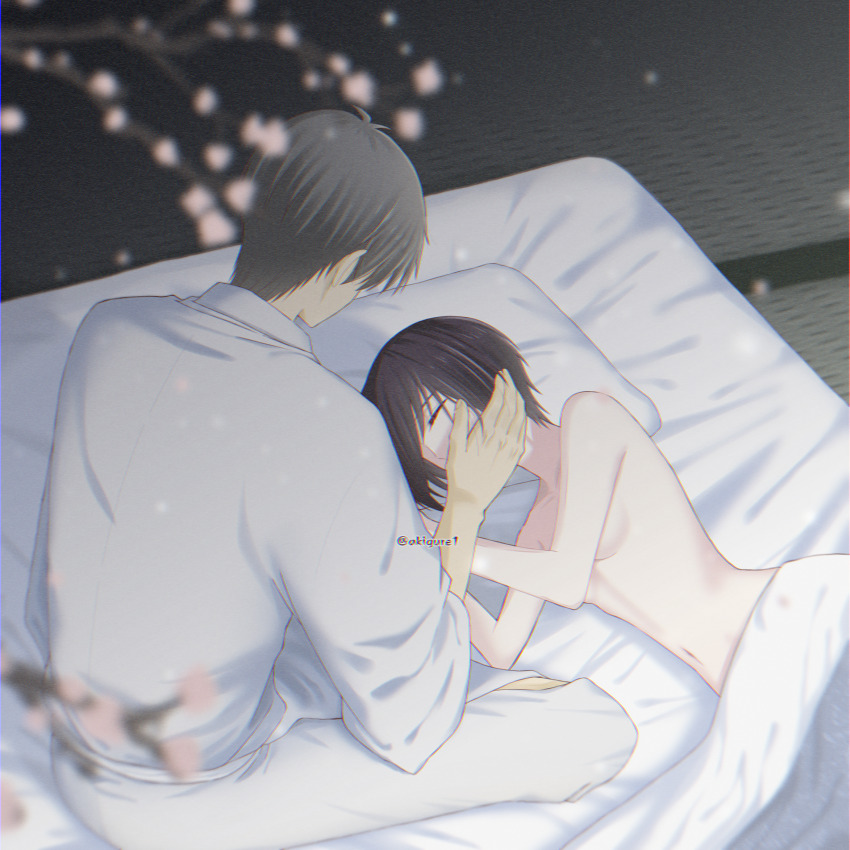 1boy, 1girl, aftersex, akigure1, bedroom, breasts, clothed_male_nude_female, couple, fruits_basket, highres, morning_after, nude, sleeping, small_breasts, sohma_akito, sohma_shigure, tatami, touching_another's_back