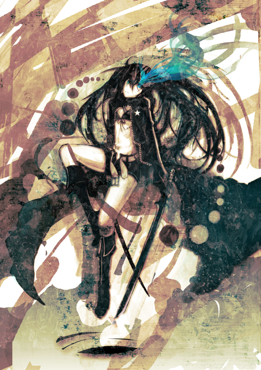 10s, 1girl, absurdres, belt, bikini, bikini_top_only, black_hair, black_rock_shooter