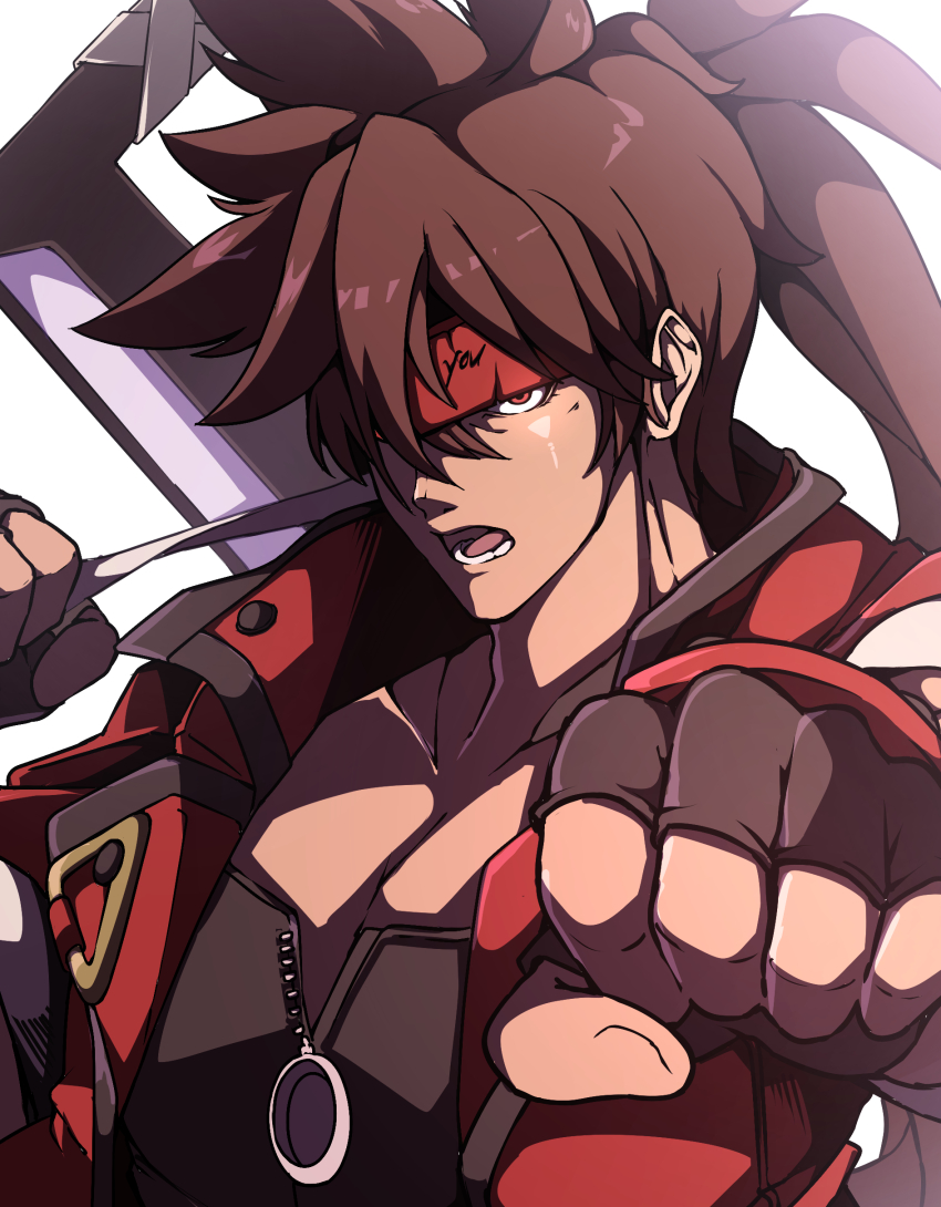 1boy, :o, absurdres, arc_system_works, black_jacket, brown_hair, clenched_hand, collarbone