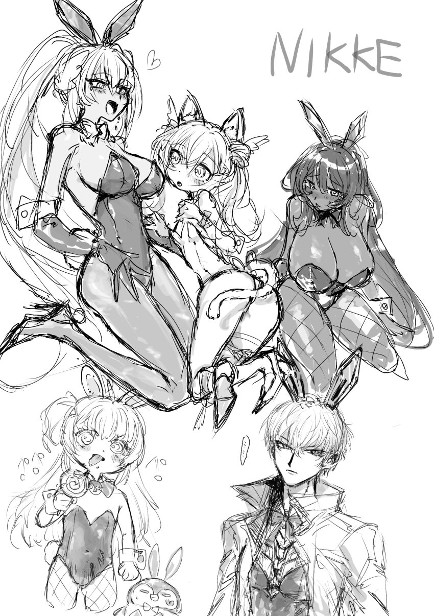 1boy, 1other, 4girls, :d, :o, absurdres, agtt25333, alternate_costume, animal_ear_headwear, animal_ears, bare_shoulders, bird, blush, bow, bowtie, breasts, candy, cat_ears, cat_tail, cleavage, copyright_name, cyborg, dark-skinned_female, dark_skin, detached_collar, double_bun, embarrassed, fake_animal_ears, fake_tail, fang, fishnet_pantyhose, fishnets, food, gloves, goddess_of_victory:_nikke, greyscale, hair_between_eyes, hair_bun, hair_intakes, hair_ornament, heart, high_heels, highleg, highleg_leotard, highres, holding, holding_candy, holding_food, holding_lollipop, jacket, johan_(nikke), kittysuit, large_breasts, leotard, lollipop, long_hair, male_playboy_bunny, monochrome, multiple_girls, n102_(nikke), noir_(nikke), nontraditional_playboy_bunny, official_alternate_costume, one_side_up, open_clothes, open_jacket, open_mouth, pantyhose, penguin, playboy_bunny, ponytail, rabbit_ears, rabbit_tail, rei_(nikke), rupee_(nikke), rupee_(rabbit_deluxe)_(nikke), short_hair, simple_background, sketch, small_breasts, smile, strapless, strapless_leotard, swirl_lollipop, tail, thigh_strap, tongue, tongue_out, very_long_hair, white_background, wrist_cuffs