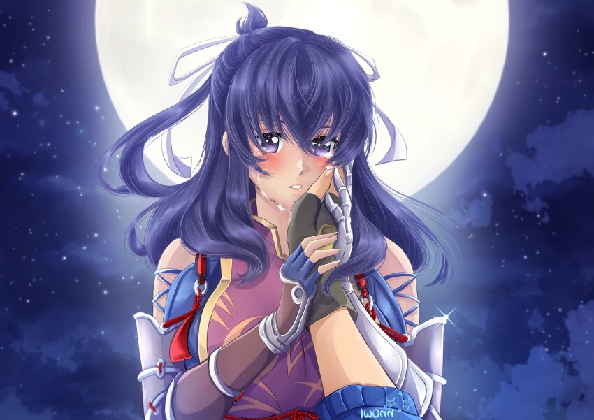 1boy, 1girl, absurdres, arm_guards, artist_name, blue_hair, blush, breasts