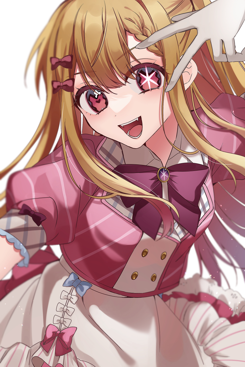 1girl, :d, absurdres, apron, blonde_hair, blouse, blue_bow, bow, braid, buttons, collared_shirt, double-breasted, french_braid, frilled_skirt, frills, gloves, hair_between_eyes, hair_bow, highres, hoshino_ruby, long_hair, looking_at_viewer, mo_fumo_fu_kitsune, multiple_hair_bows, open_mouth, oshi_no_ko, pink_bow, pink_shirt, puffy_sleeves, red_bow, red_eyes, shirt, short_sleeves, skirt, smile, solo, star_(symbol), star_in_eye, symbol_in_eye, teeth, upper_body, v, v_over_eye, w, w_over_eye, white_background, white_gloves, white_skirt