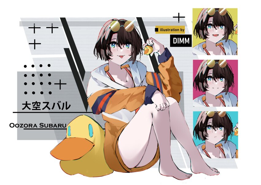 absurdres, bare_legs, barefoot, black_hair, blue_eyes, brown_hair, dm5fr, glasses