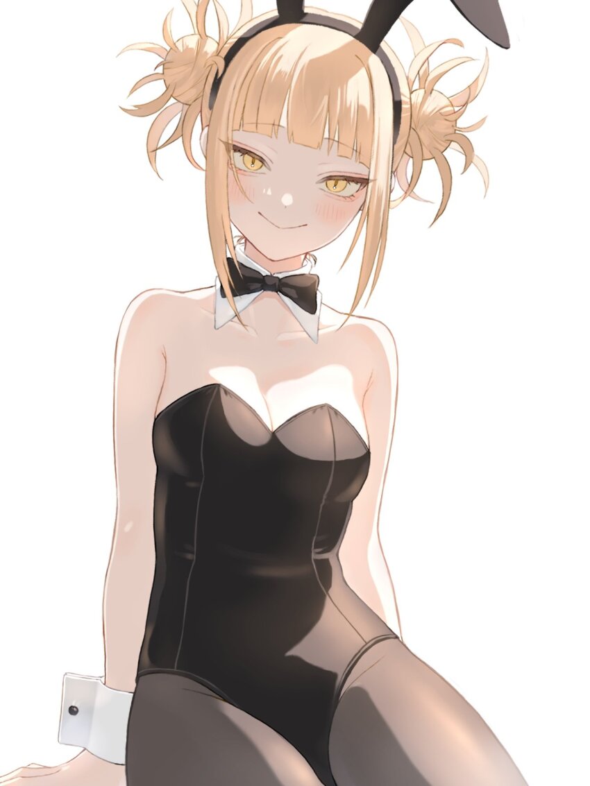1girl, animal_ears, black_bow, black_bowtie, black_leotard, black_pantyhose, blonde_hair, blunt_bangs