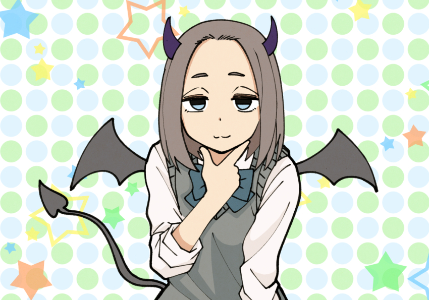 1girl, :3, a-king, aqua_bow, blue_bow, blue_eyes, bow, brown_hair, cosplay, demon_horns, demon_tail, demon_wings, flat_color, forehead, grey_hair, grey_sweater_vest, hand_on_own_chin, horns, long_sleeves, looking_at_viewer, medium_hair, mem-cho_(cosplay), oshi_no_ko, polka_dot, polka_dot_background, senpai_ga_uzai_kouhai_no_hanashi, shirt, smile, solo, star_(symbol), sweater_vest, tail, tsukishiro_mona, upper_body, white_shirt, wings