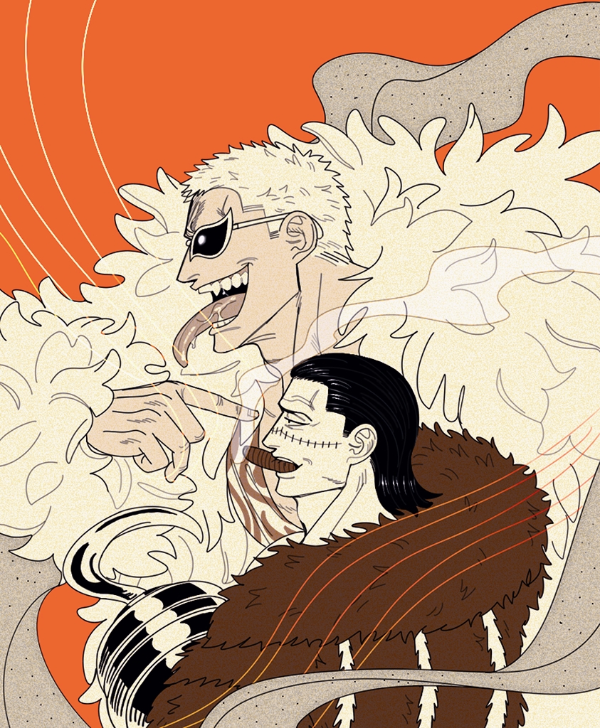 2boys, black_hair, blonde_hair, brown_coat, cigar, coat, crocodile_(one_piece), dark-skinned_male