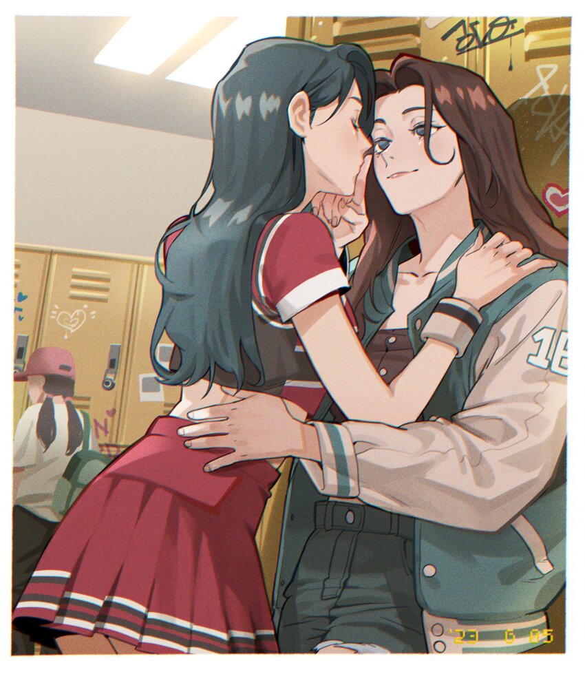 2girls, animification, brown_eyes, cho_mi-yeon, closed_eyes, closed_mouth, finger_to_another's_mouth, i-dle, gracepago0314, hand_on_another's_shoulder, highres, indoors, k-pop, locker, long_hair, multiple_girls, real_life, school, segment_display, yeh_shuhua, yuri