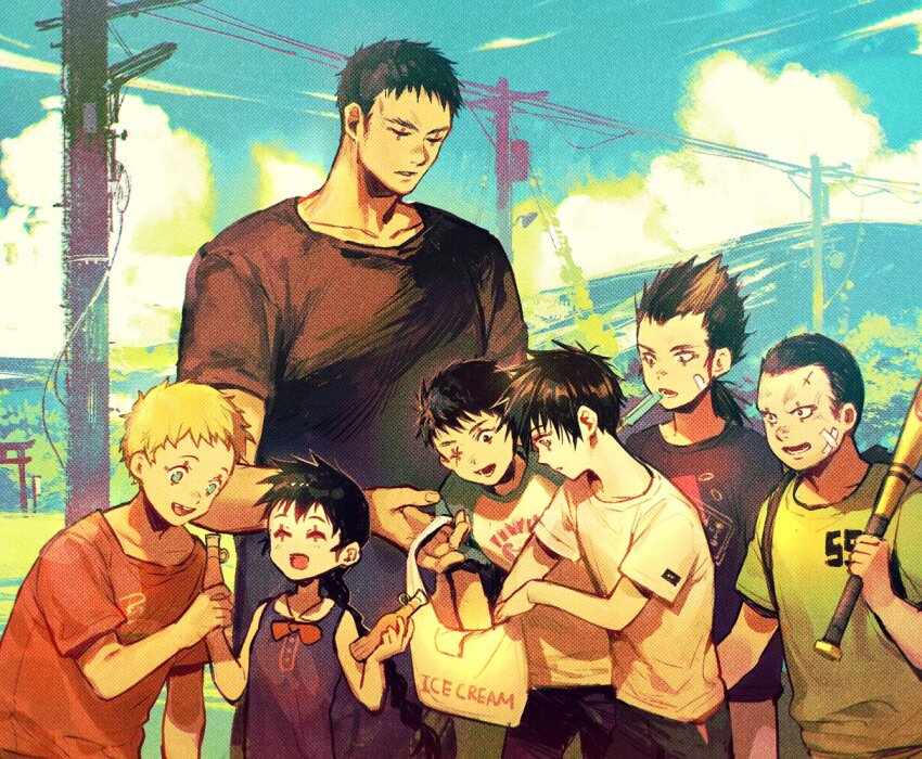 bandaid, bandaid_on_face, baseball_cap, black_hair, black_shirt, blonde_hair, blue_eyes, blue_sky