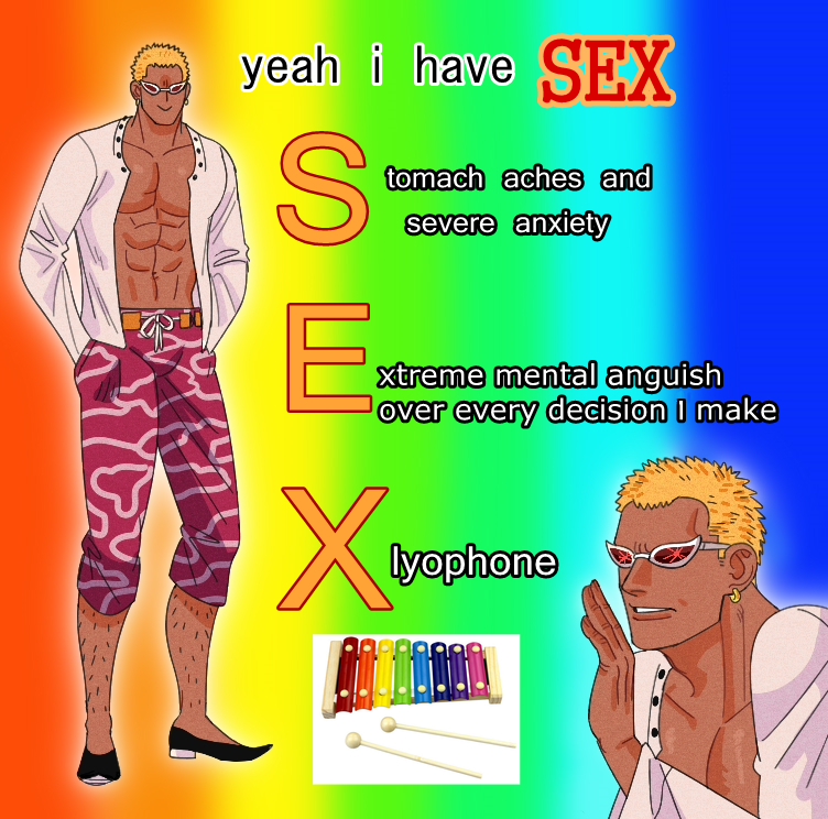 1boy, :v, abs, blonde_hair, broken_eyewear, coat, collage, dark-skinned_male, dark_skin, donquixote_doflamingo, english_text, full_body, fur_coat, hand_up, leg_hair, male_focus, mature_male, medium_hair, meme, mg_cls, muscular, muscular_male, navel, nipples, one_piece, parody, pectoral_cleavage, pectorals, photo_inset, purple-tinted_eyewear, rainbow_background, sideburns, smile, standing, stomach, sunglasses, tinted_eyewear, white-framed_eyewear, yeah_i_have_sex_(meme)