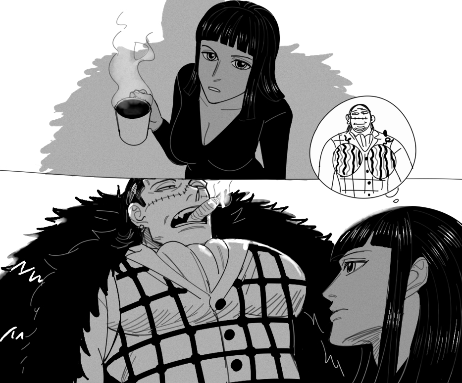 1boy, 1girl, 2koma, black_hair, blunt_bangs, breast_envy, breasts, chibi, chibi_inset, cigar, cleavage, coat, comic, crocodile_(one_piece), cup, dark-skinned_male, dark_skin, food, from_below, fruit, fur_coat, greyscale, hair_slicked_back, holding, holding_cup, large_breasts, looking_at_pectorals, mature_male, medium_hair, mg_cls, monochrome, mug, nico_robin, one_piece, puffy_male_chest, scar, scar_on_face, scar_on_nose, sidelocks, smoking, speech_bubble, steam, stitches, thought_bubble, upper_body, watermelon, yellow_eyes