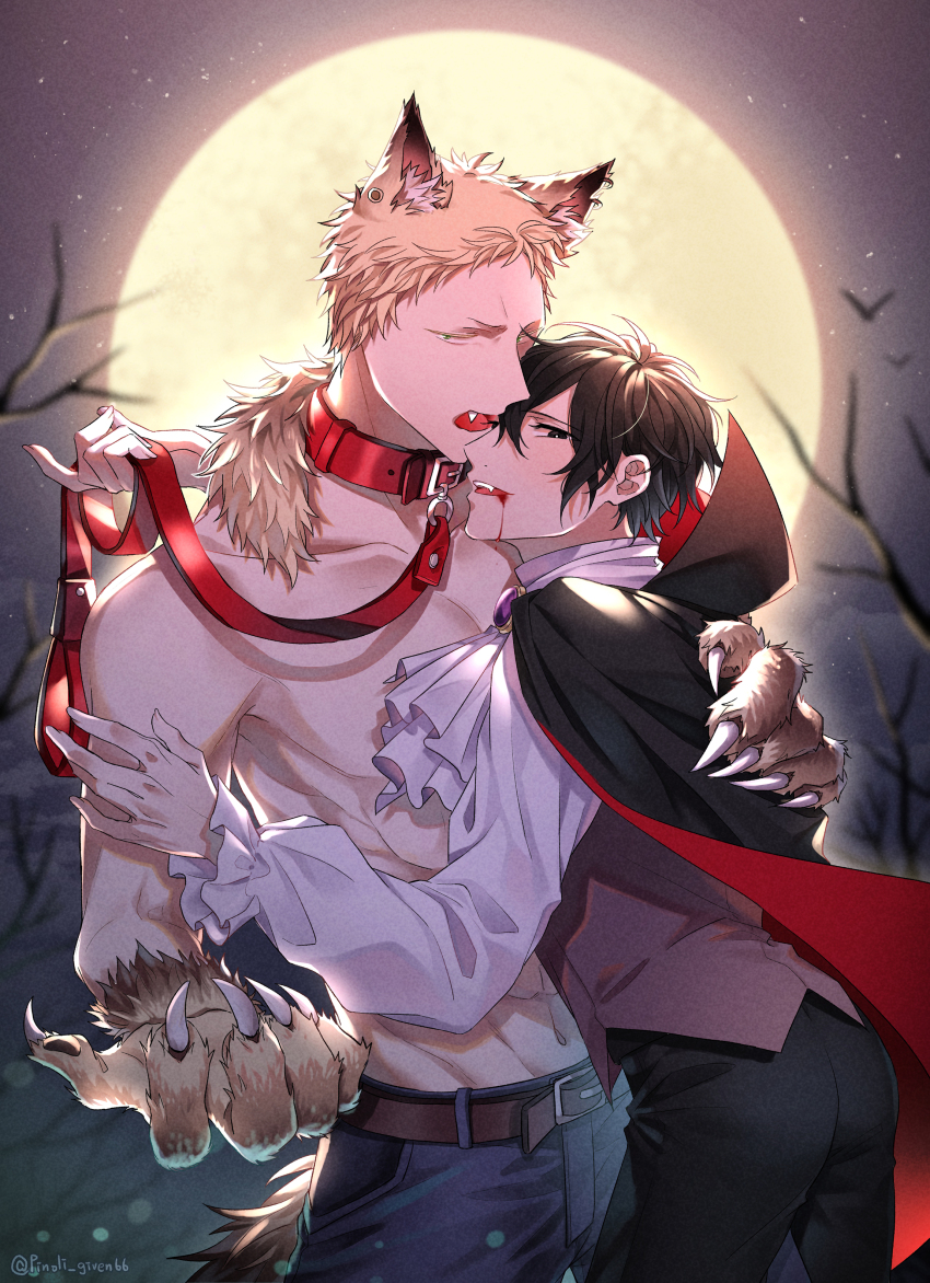 2boys, absurdres, animal_ears, animal_hands, belt, belt_collar, bird, black_cape