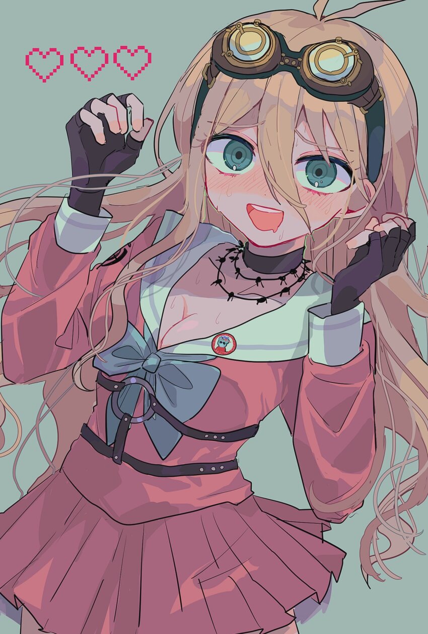 1girl, :d, antenna_hair, barbed_wire, black_choker, black_gloves, blonde_hair, blush, bow, bowtie, breasts, choker, cleavage, collarbone, danganronpa_(series), danganronpa_v3:_killing_harmony, fingerless_gloves, gloves, goggles, goggles_on_head, green_background, green_bow, green_bowtie, hands_up, heart, highres, iruma_miu, long_hair, medium_breasts, miniskirt, o-ring, open_mouth, pink_shirt, pink_skirt, sailor_collar, shirt, skirt, smile, solo, uta_(utamilk)