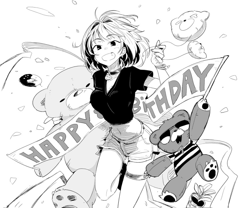 1girl, bear, english_text, girls'_frontline, grizzly_mkv_(girls'_frontline), monochrome, shirt, short_shorts