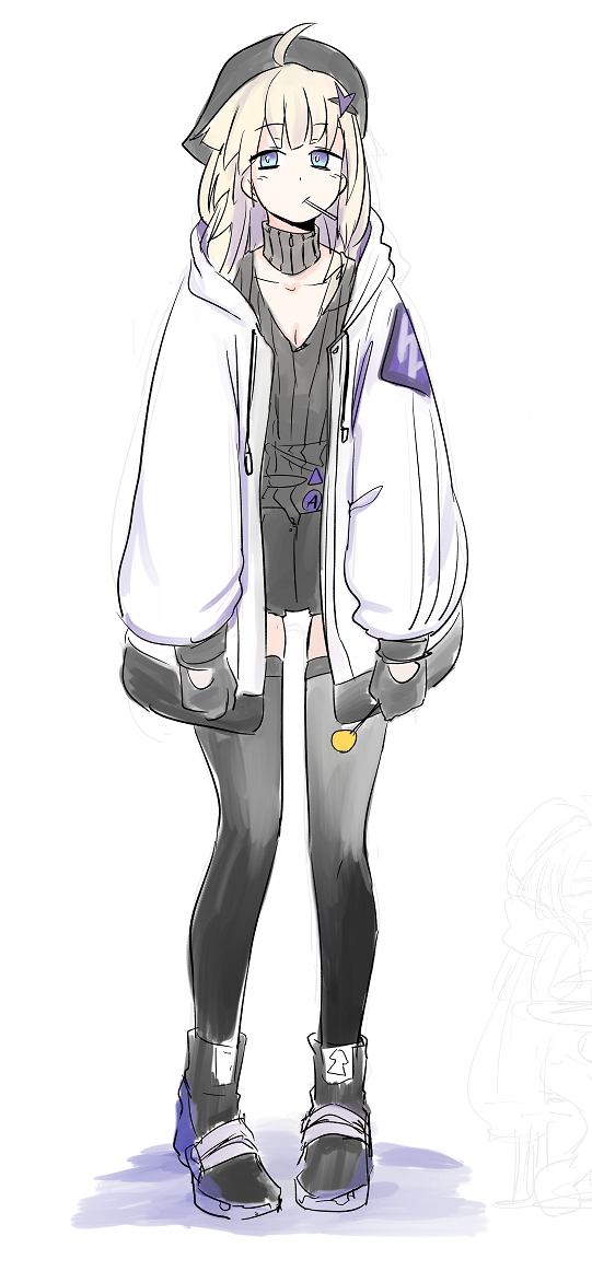 1girl, aa-12_(girls'_frontline), candy, food, full_body, girls'_frontline, lollipop, monochrome