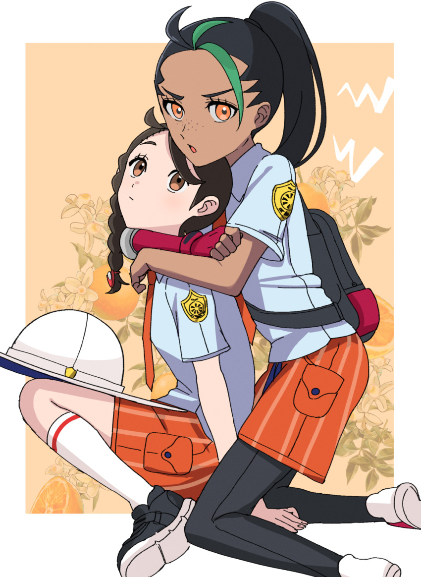 2girls, :o, backpack, bag, black_bag, black_footwear, black_hair, black_pantyhose, brown_eyes, closed_mouth, commentary_request, eyelashes, freckles, from_side, green_hair, highres, hug, hug_from_behind, juliana_(pokemon), logo, long_hair, lvetica, multicolored_hair, multiple_girls, nemona_(pokemon), nintendo, orange_eyes, orange_shorts, pantyhose, pokemon, pokemon_scarlet_and_violet, ponytail, school_uniform, shirt, shoes, short_sleeves, shorts, socks, two-tone_hair, white_socks