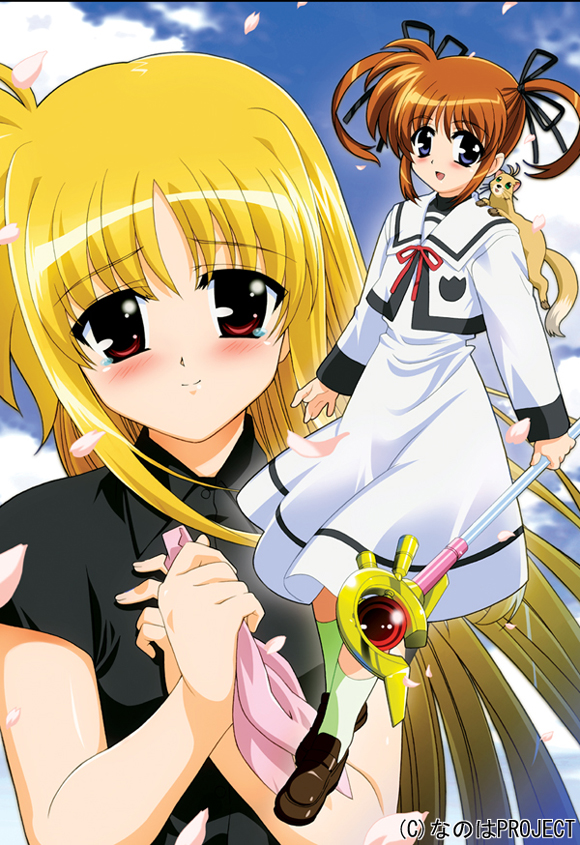 00s, 2girls, blonde_hair, blush, bow, brown_hair, cherry_blossoms, cloud