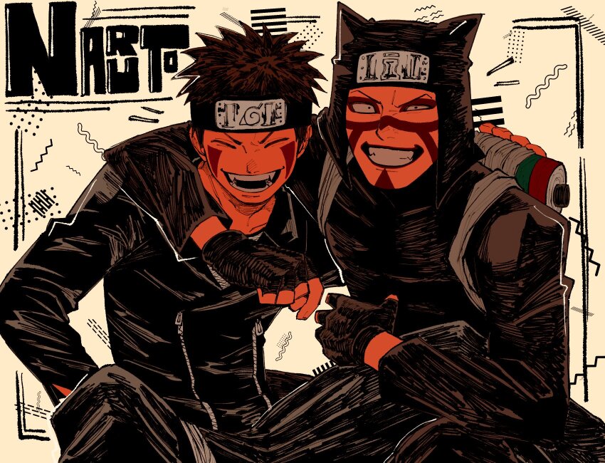 2boys, black_gloves, brown_hair, closed_eyes, copyright_name, facepaint, fingerless_gloves, forehead_protector, gloves, grin, hand_on_another's_shoulder, highres, inuzuka_kiba, kankurou_(naruto), konohagakure_symbol, larugo0513, looking_at_viewer, male_focus, multiple_boys, naruto_(series), open_mouth, scroll, short_hair, smile, spiked_hair, squinting, sunagakure_symbol, teeth, upper_body