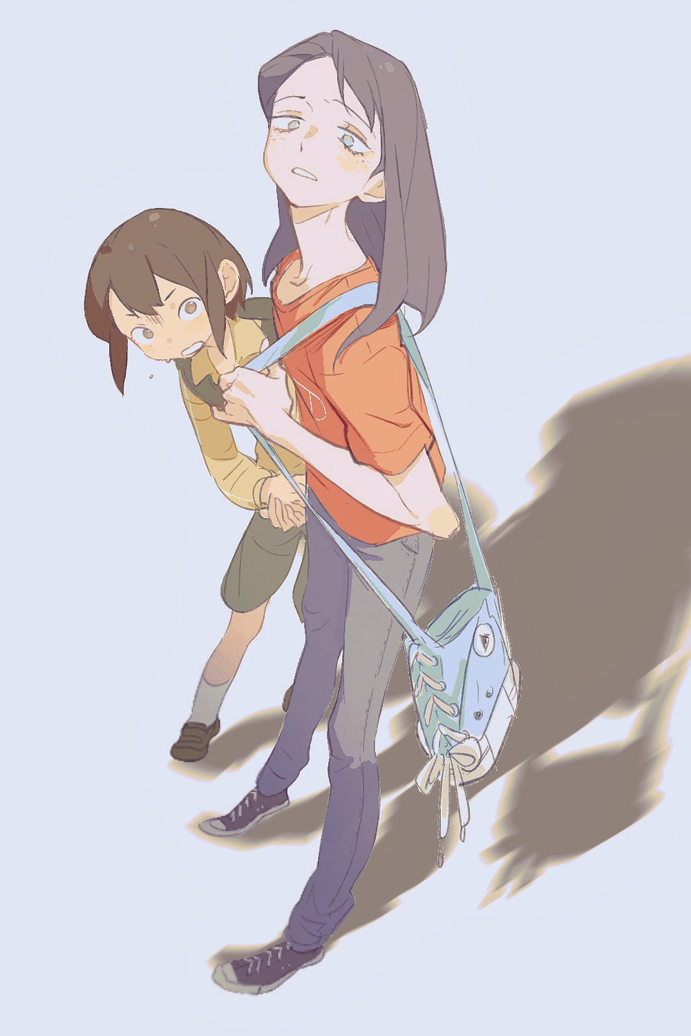 2girls, asakusa_midori, backpack, bag, black_footwear, black_hair, blue_background, blue_bag