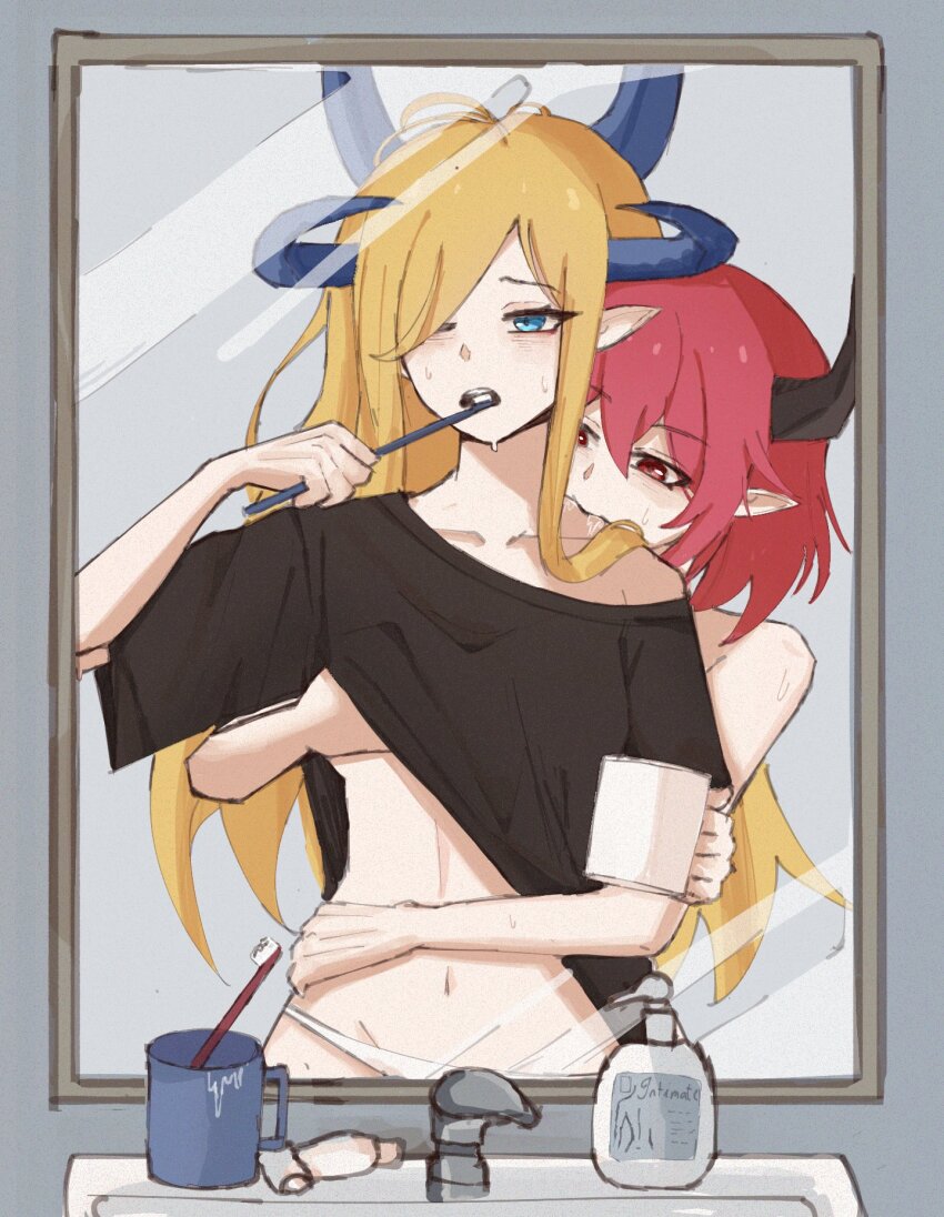 2girls, biting, blonde_hair, blue_eyes, brushing_teeth, cup, demon_horns, drooling