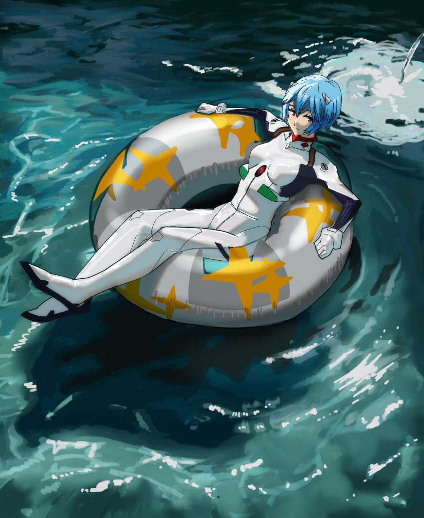 1girl, ayanami_rei, blue_hair, bodysuit, floating, full_body, highres, innertube