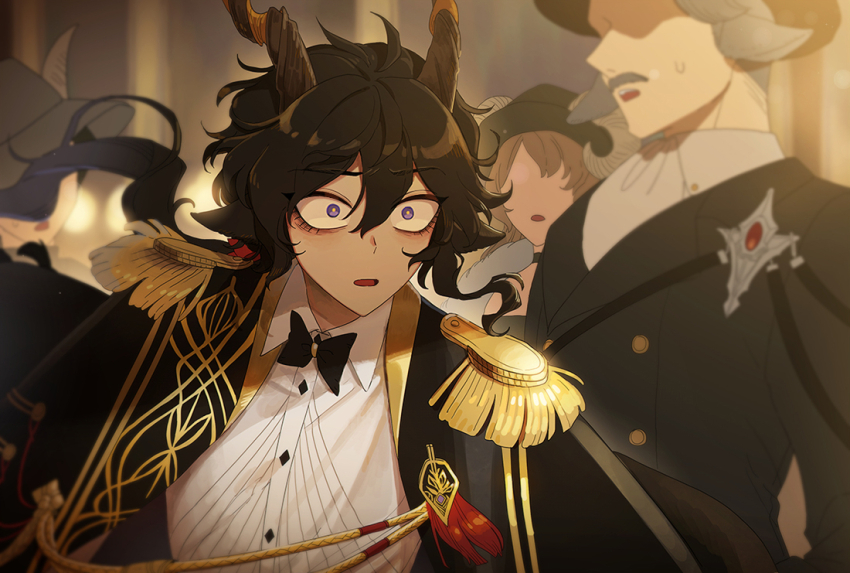 2boys, 2girls, aiguillette, animal_ears, arknights, black_bow, black_bowtie, black_cape