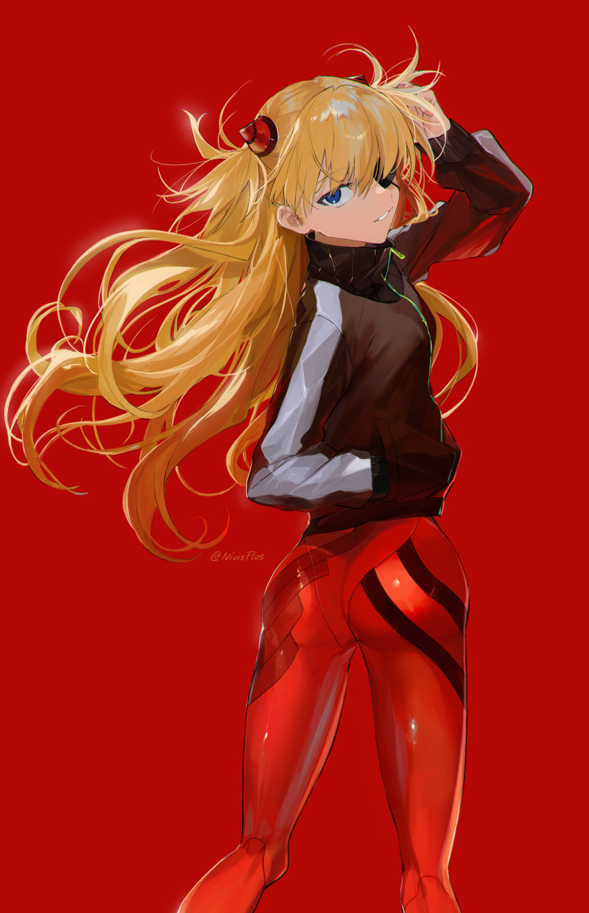 1girl, absurdres, adjusting_clothes, adjusting_headwear, ass, blue_eyes, bodysuit, bodysuit_under_clothes