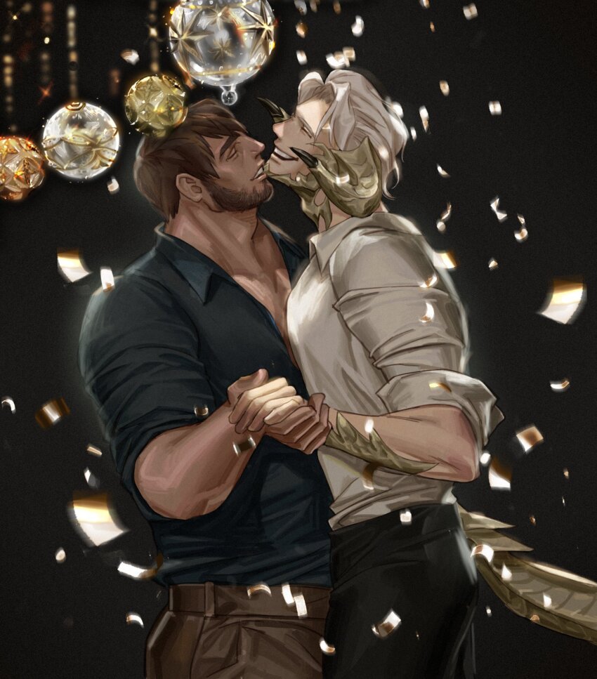2boys, alleveolive, au_ra, bara, beard, black_pants, black_shirt, brown_hair