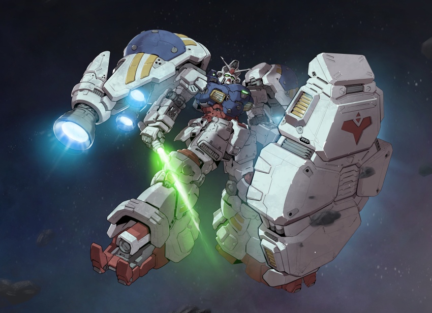 absurdres, asteroid, energy_sword, green_eyes, gundam, gundam_0083, gundam_gp-02_physalis, highres