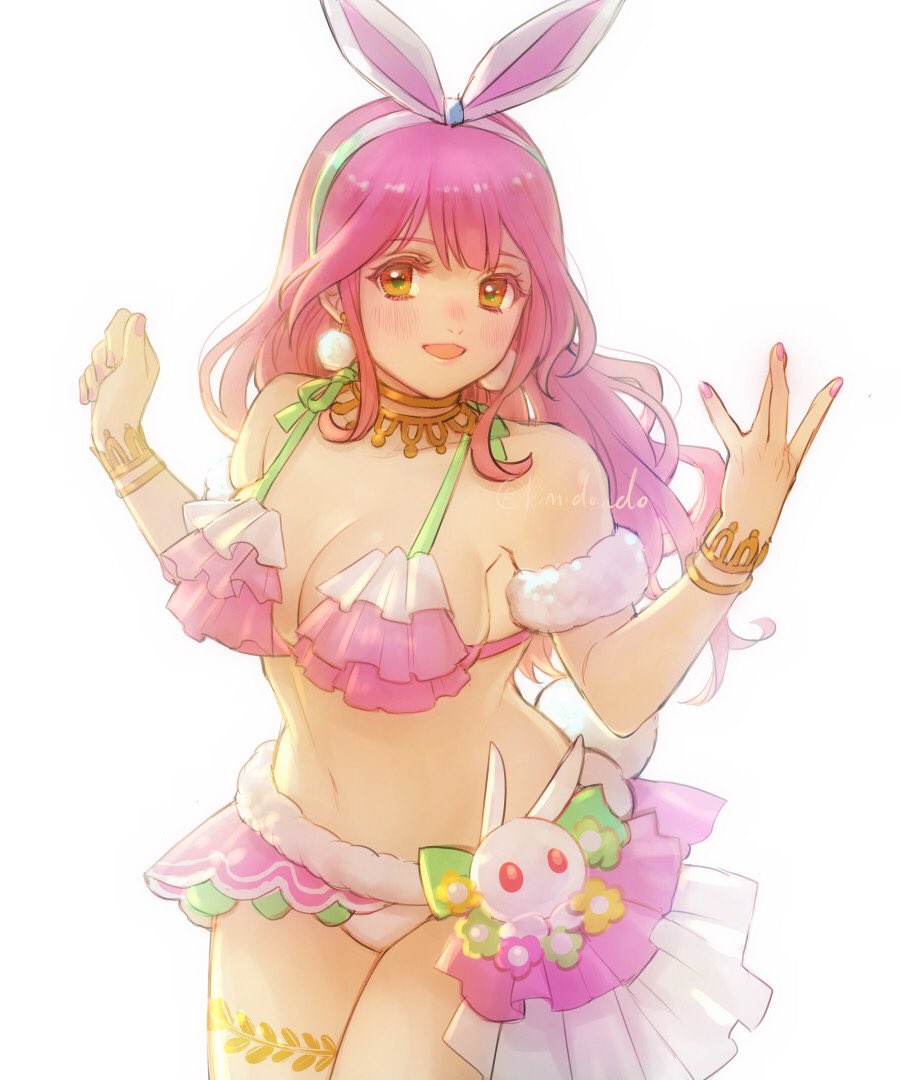 1girl, animal_ears, arm_strap, bikini, blush, bracelet, brown_eyes, clenched_hand