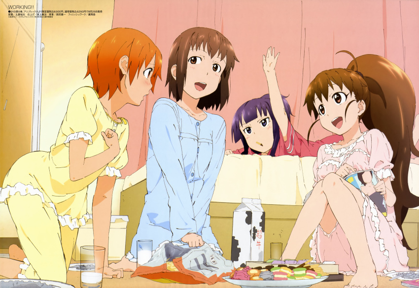 4girls, absurdres, ahoge, arm_up, barefoot, bed, brown_eyes, brown_hair, drink, food, highres, inami_mahiru, long_hair, magazine_(object), megami_magazine, milk, multiple_girls, non-web_source, official_art, open_mouth, orange_hair, pajamas, ponytail, purple_eyes, purple_hair, short_hair, sleepover, takanashi_nazuna, taneshima_popura, tsuchiya_yuuta, very_long_hair, working!!, yamada_aoi