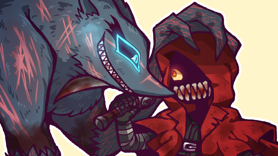 1girl, big_and_will_be_bad_wolf, blood, blood_on_mask, blood_on_teeth, cloak, colored_sclera, commentary_request