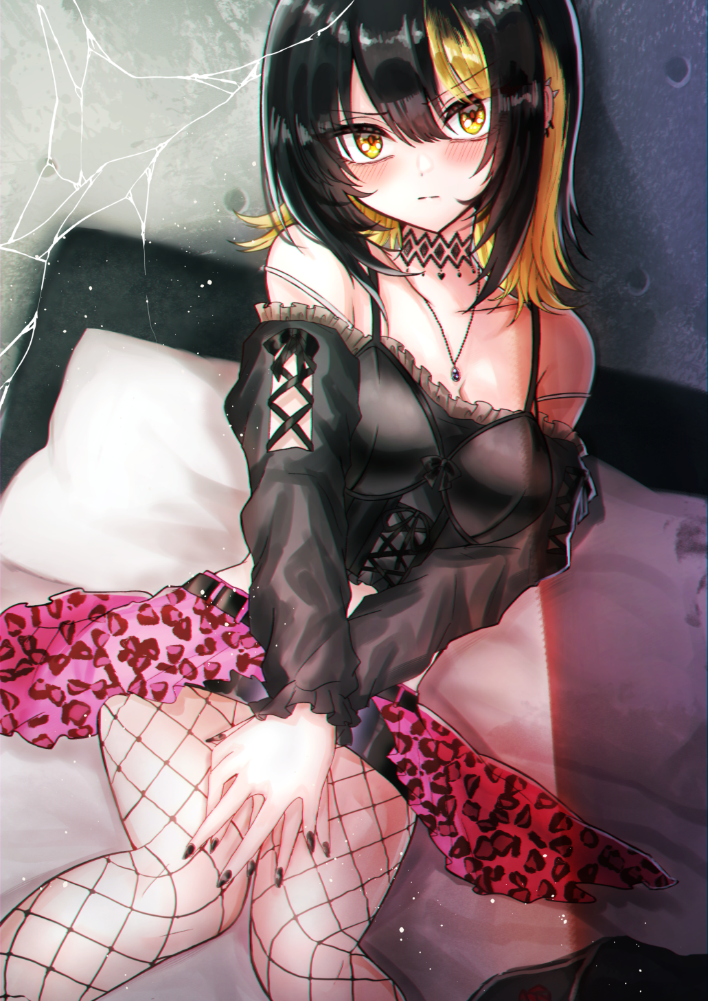 1girl, animal_print, black_hair, black_shirt, blonde_hair, blush, crop_top, ear_piercing, feet_out_of_frame, fingernails, fishnet_pantyhose, fishnets, highres, idolmaster, idolmaster_shiny_colors, ikaruga_luca, leopard_print, looking_at_viewer, mimoe, multicolored_hair, nail_polish, off-shoulder_shirt, off_shoulder, on_bed, own_hands_together, pantyhose, piercing, shirt, sitting, solo, streaked_hair