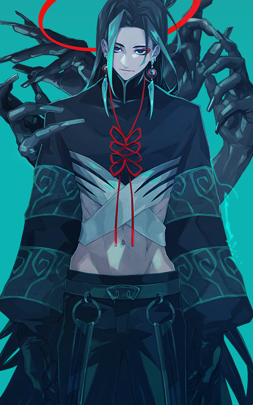 1boy, black_hair, black_pants, blue_background, blue_eyes, blue_hair, chinese_clothes, cowboy_shot