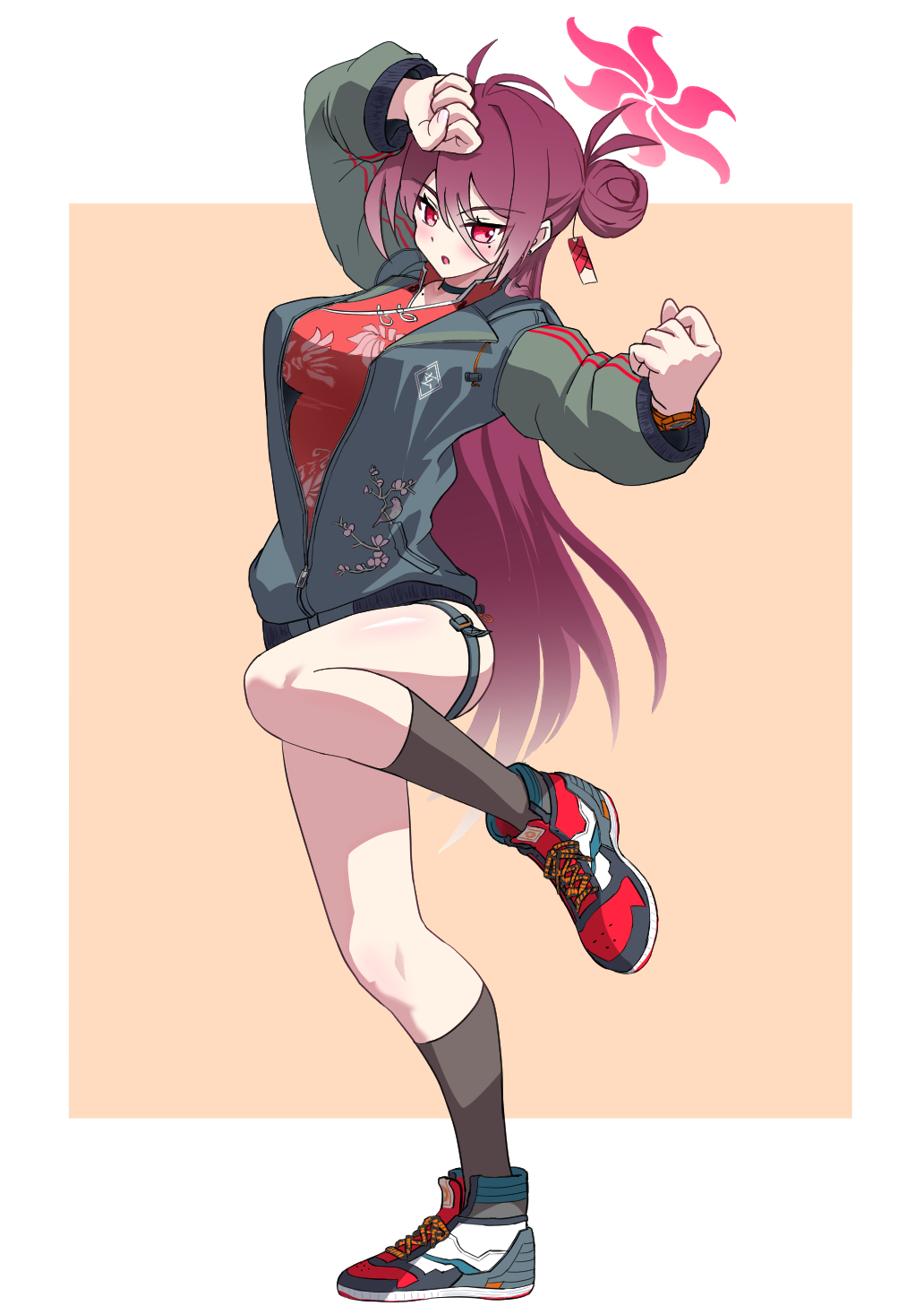 1girl, blue_archive, border, clenched_hands, fighting_stance, full_body, gradient_hair, hair_bun, hair_ornament, halo, highres, jacket, kyrion, long_hair, long_sleeves, mole, mole_under_eye, multicolored_hair, orange_background, parted_lips, partially_unzipped, purple_hair, red_eyes, reijo_(blue_archive), shoes, sneakers, socks, solo, standing, standing_on_one_leg, thigh_strap, white_border, zipper, zipper_pull_tab