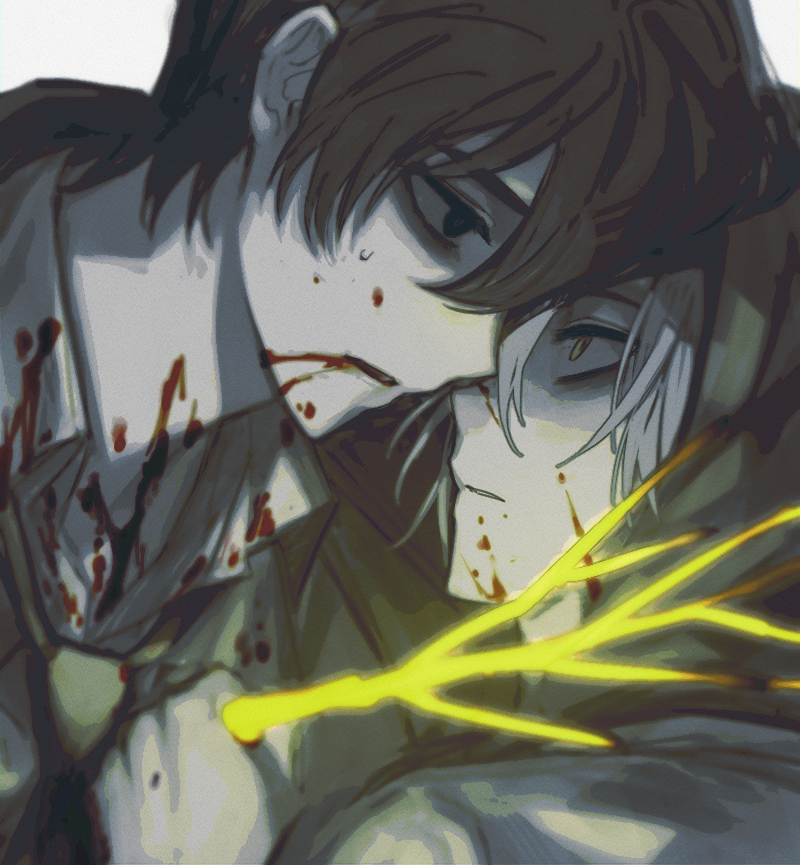 1boy, 1girl, black_eyes, black_hair, blood, blood_on_clothes, blood_on_face, collared_shirt, dongbaek_(project_moon), giovan_nnn, golden_bough_(project_moon), grey_hair, hood, jacket, limbus_company, necktie, open_clothes, open_jacket, project_moon, shirt, stab, white_shirt, yellow_eyes, yi_sang_(project_moon)