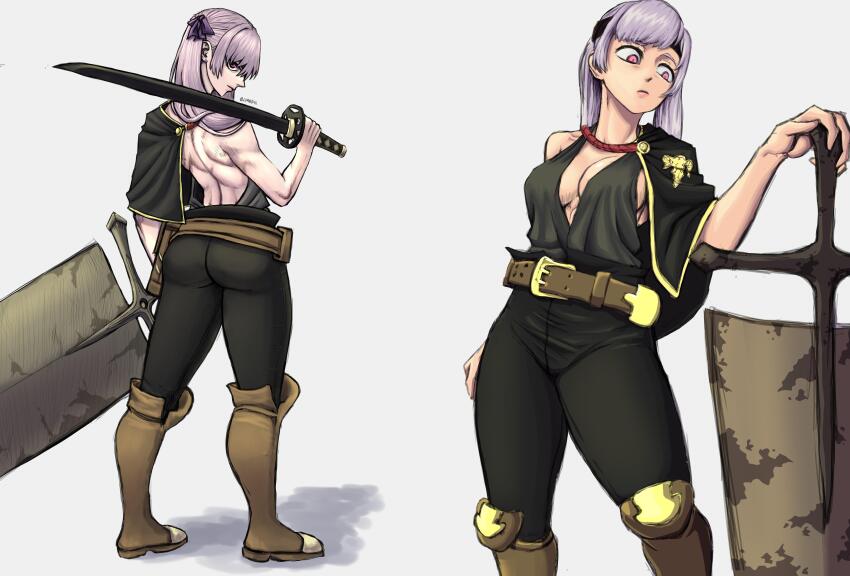 1girl, absurdres, ass, asta_(black_clover)_(cosplay), black_cloak, black_clover, boots, breasts, cleavage, cloak, cosplay, grey_hair, hair_between_eyes, headband, highres, holding, holding_weapon, huge_ass, large_breasts, limn044, long_hair, muscular, noelle_silva, pink_eyes, purple_eyes, simple_background, sword, thick_thighs, thighs, weapon