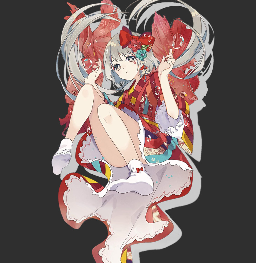 1girl, animal, artist_request, black_background, bubble, character_request, copyright_request, facial_mark, fish, floating, floating_hair, full_body, grey_eyes, grey_hair, hair_ornament, highres, japanese_clothes, kimono, legs, long_hair, nails, red_fish, red_nails, ribbon, sad, socks, very_long_hair, white_hair, white_socks