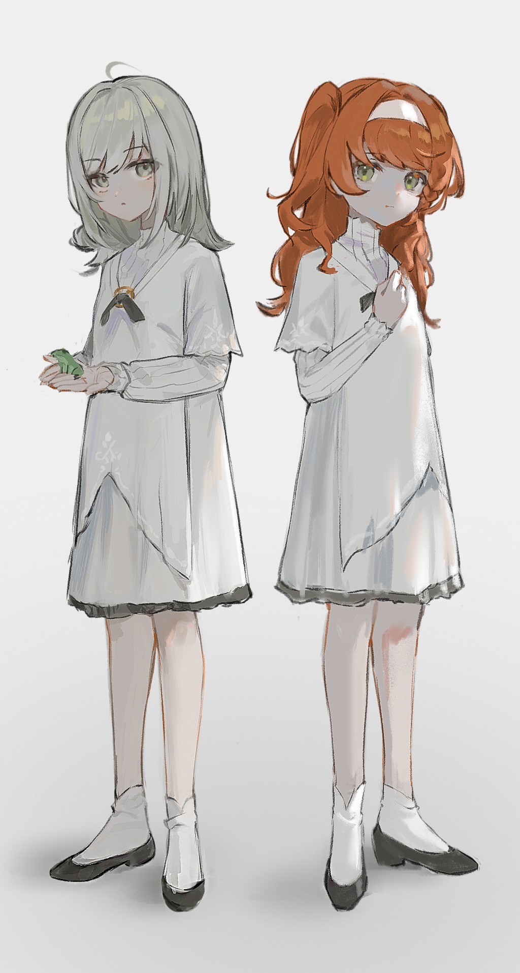 2girls, animal, black_footwear, black_ribbon, blush, character_request, closed_mouth, dress