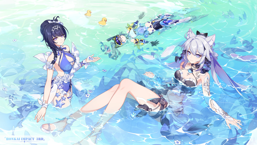 3girls, :3, :o, afloat, animal_ear_fluff, animal_ears, bare_legs, bare_shoulders