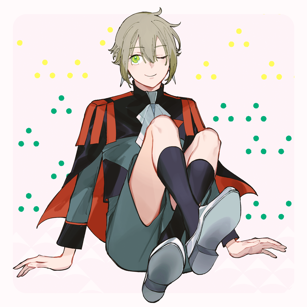 1boy, arm_rest, ascot, asticassia_school_uniform, black_cape, black_socks, blue_jacket, blue_shoes