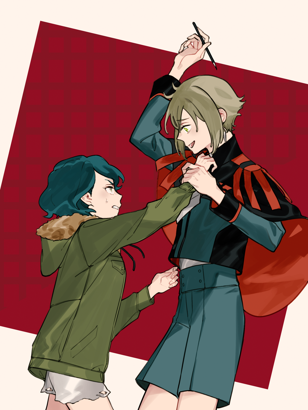 1boy, 1girl, annoyed, arm_up, ascot, asticassia_school_uniform, black_cape, blue_hair