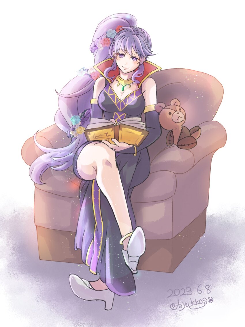 1girl, armchair, book, byakkos, chair, fire_emblem, fire_emblem:_genealogy_of_the_holy_war, fire_emblem_heroes, flower, hair_flower, hair_ornament, highres, ishtar_(echoing_thunder)_(fire_emblem), ishtar_(fire_emblem), jewelry, long_hair, necklace, nintendo, purple_eyes, purple_hair, signature, stuffed_animal, stuffed_toy, teddy_bear