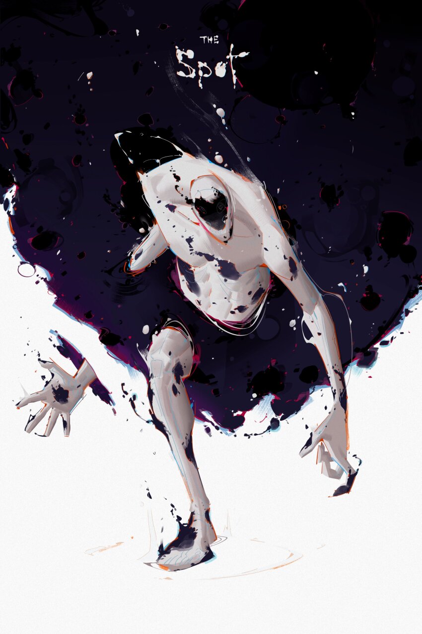 1boy, abs, absurdres, character_name, collarbone, colored_skin, commentary, dissolving, distortion, english_commentary, english_text, faceless, faceless_male, facing_viewer, film_grain, full_body, highres, ink, male_focus, marvel, monster_boy, open_hand, patrick_ganas, portal_(object), ripples, simple_background, solo, spider-man:_across_the_spider-verse, spider-man_(series), spider-verse, spot_(marvel), white_background, white_skin